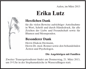 Traueranzeige von Erika Lutz von Schwäbische Post