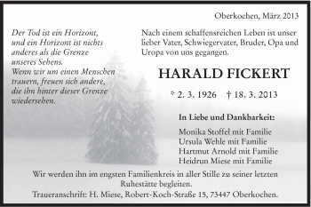 Traueranzeige von Harald Fickert von Schwäbische Post
