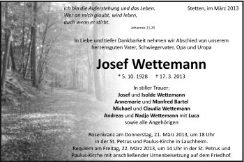 Traueranzeige von Josef Wettemann von Schwäbische Post