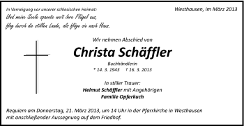 Traueranzeige von Christa Schäffler von Schwäbische Post