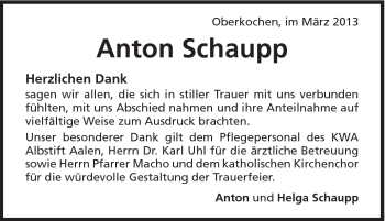 Traueranzeige von Anton Schaupp von Schwäbische Post