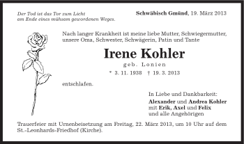 Traueranzeige von Irene Kohler von Gmünder Tagespost