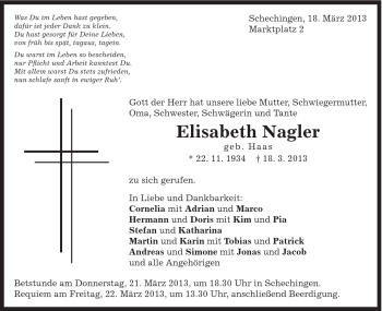 Traueranzeige von Elisabeth Nagler von Gmünder Tagespost