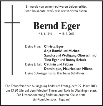 Traueranzeige von Bernd Eger von Schwäbische Post