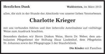Traueranzeige von Charlotte Krieger von Gmünder Tagespost
