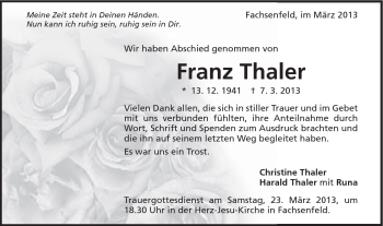 Traueranzeige von Franz Thaler von Schwäbische Post