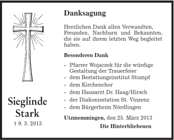 Traueranzeige von Sieglinde Stark von Schwäbische Post