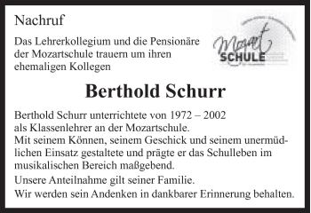 Traueranzeige von Berthold Schurr von Gmünder Tagespost