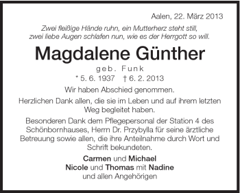 Traueranzeige von Magdalene Günther von Schwäbische Post