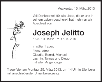 Traueranzeige von Joseph Jelitto von Schwäbische Post