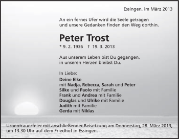 Traueranzeige von Peter Berthold Trost von Schwäbische Post