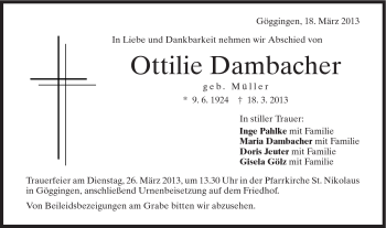 Traueranzeige von Ottilie Dambacher von Gmünder Tagespost