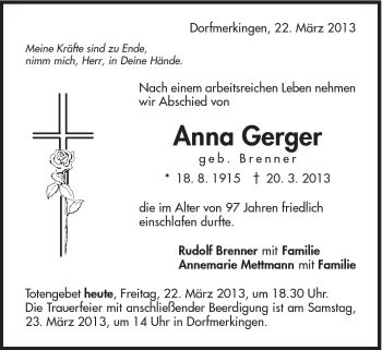 Traueranzeige von Anna Gerger von Schwäbische Post