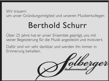 Traueranzeige von Berthold Schurr von Gmünder Tagespost
