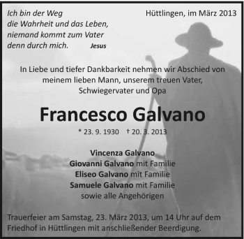 Traueranzeige von Francesco Galvano von Schwäbische Post