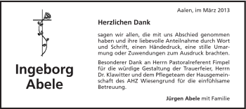 Traueranzeige von Ingeborg Abele von Schwäbische Post