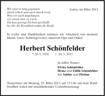 Traueranzeige von Herbert Schönfelder von Schwäbische Post