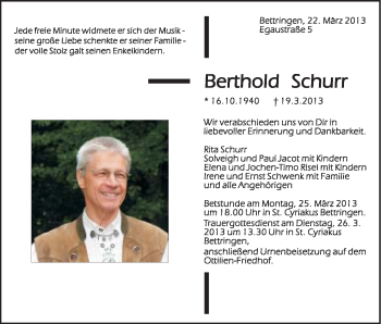 Traueranzeige von Berthold Schurr von Gmünder Tagespost