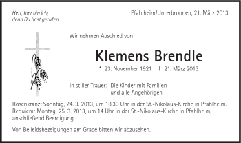 Traueranzeige von Klemens Brendle von Schwäbische Post