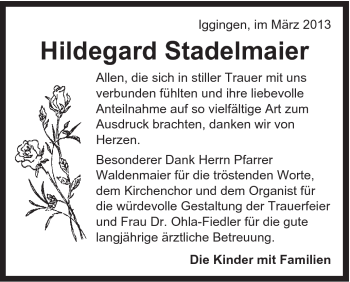 Traueranzeige von Hildegard Stadelmaier von Gmünder Tagespost
