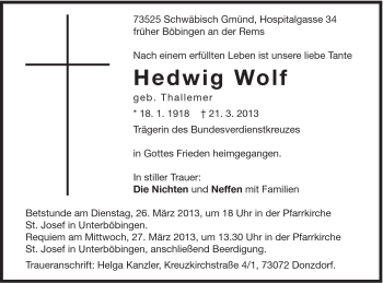 Traueranzeige von Hedwig Wolf von Gmünder Tagespost