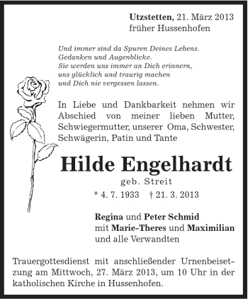 Traueranzeige von Hilde Engelhardt von Gmünder Tagespost