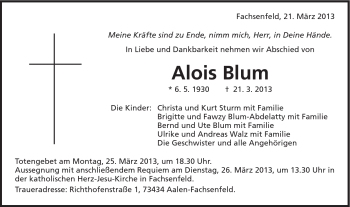 Traueranzeige von Alois Blum von Schwäbische Post