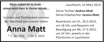 Traueranzeige von Anna Matt von Schwäbische Post