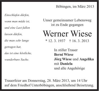 Traueranzeige von Werner Wiese von Gmünder Tagespost