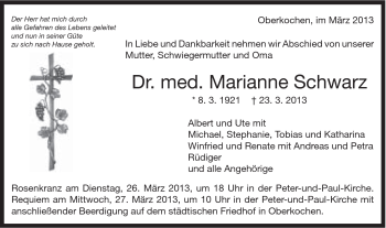 Traueranzeige von Marianne Schwarz von Schwäbische Post