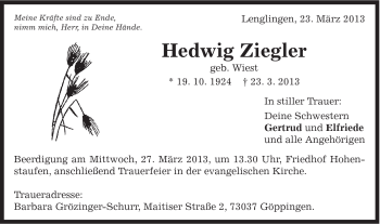 Traueranzeige von Hedwig Ziegler von Gmünder Tagespost