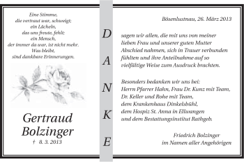 Traueranzeige von Gertraud Bolsinger von Schwäbische Post