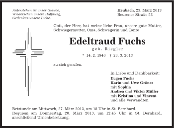 Traueranzeige von Edeltraud Fuchs von Gmünder Tagespost
