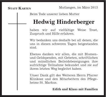Traueranzeige von Hedwig Hinderberger von Gmünder Tagespost