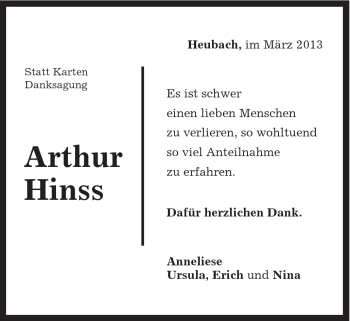 Traueranzeige von Arthur Hinss von Gmünder Tagespost