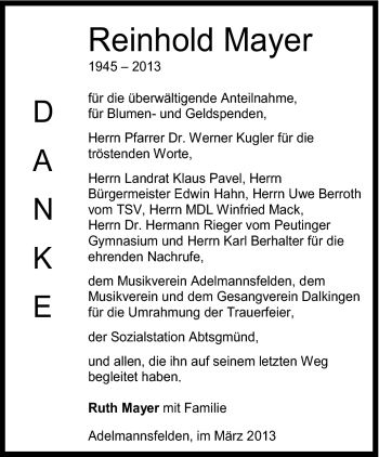 Traueranzeige von Reinhold Mayer von Schwäbische Post