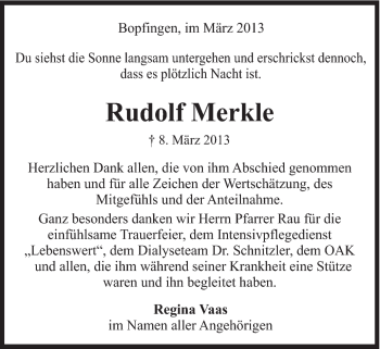 Traueranzeige von Rudolf Merkle von Schwäbische Post