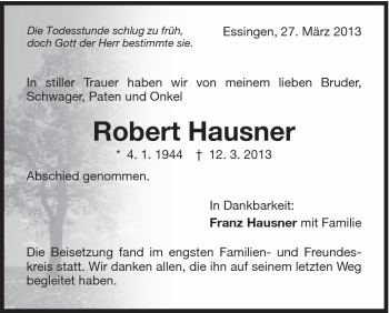 Traueranzeige von Robert Hausner von Schwäbische Post