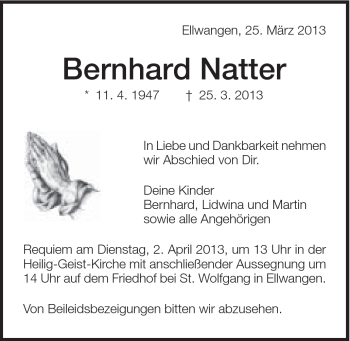 Traueranzeige von Bernhard Natter von Schwäbische Post