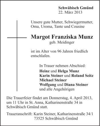 Traueranzeige von Margot Franziska Munz von Gmünder Tagespost