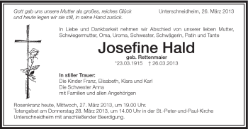 Traueranzeige von Josefine Hald von Schwäbische Post