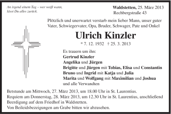 Traueranzeige von Ulrich Kinzler von Gmünder Tagespost