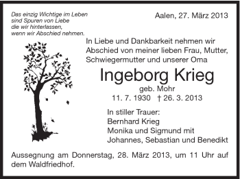 Traueranzeige von Ingeborg Krieg von Schwäbische Post