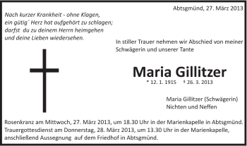 Traueranzeige von Maria Gillitzer von Schwäbische Post
