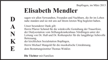 Traueranzeige von Elisabeth Mendler von Schwäbische Post
