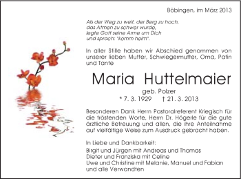 Traueranzeige von Maria Huttelmaier von Gmünder Tagespost