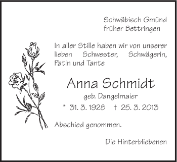 Traueranzeige von Anna Schmidt von Gmünder Tagespost
