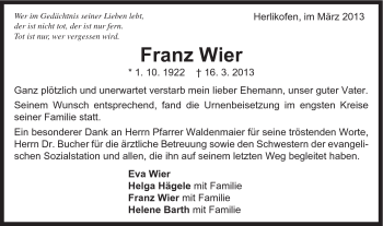 Traueranzeige von Wier Franz von Gmünder Tagespost