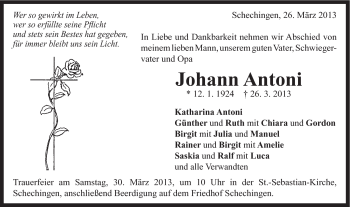 Traueranzeige von Johann Antoni von Gmünder Tagespost
