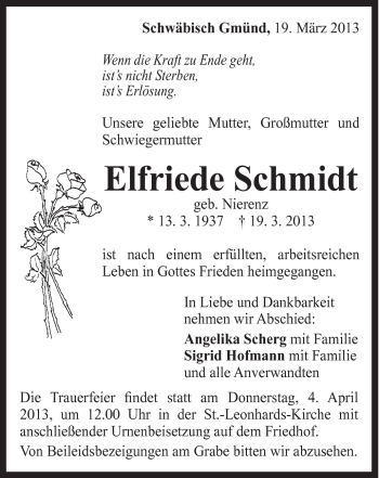 Traueranzeige von Elfriede Schmidt von Gmünder Tagespost
